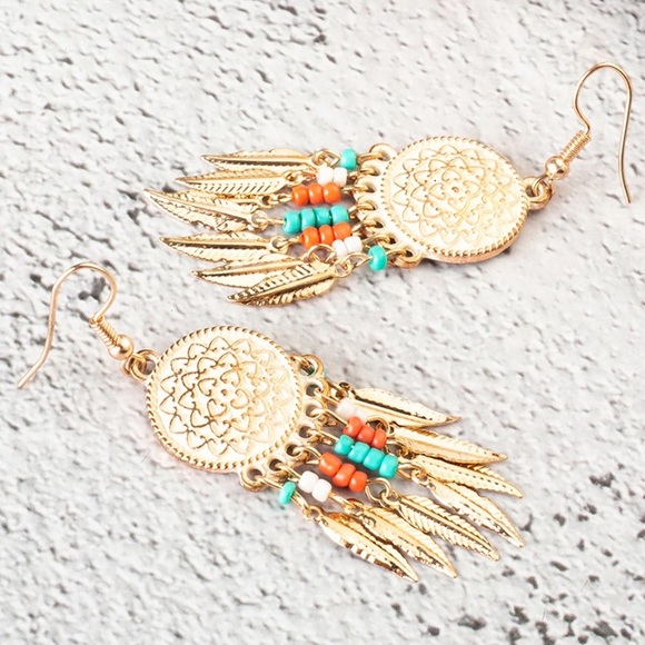 Jewelry - Gold Boho Western Feather Fringe Earrings